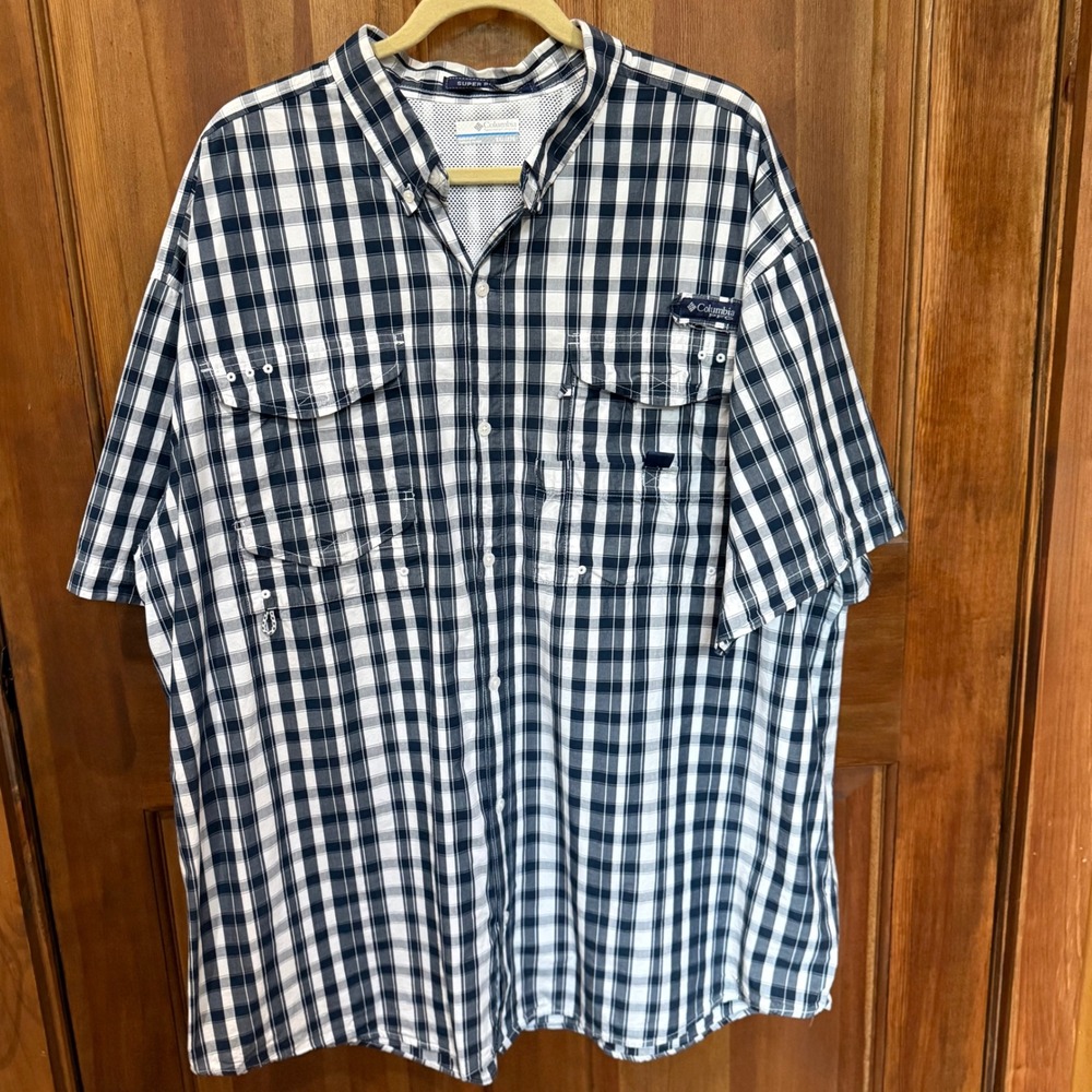 Columbia PFG Super Bonehead Mens XXL Navy White Plaid Short Sleeve Fishing Shirt